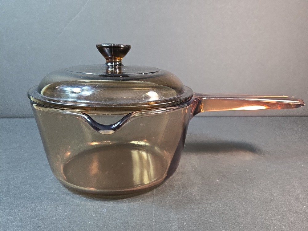 Vintage Vision Corning Ware USA 1L Amber Saucepan Pot w/Pour Spout & Pyrex Lid