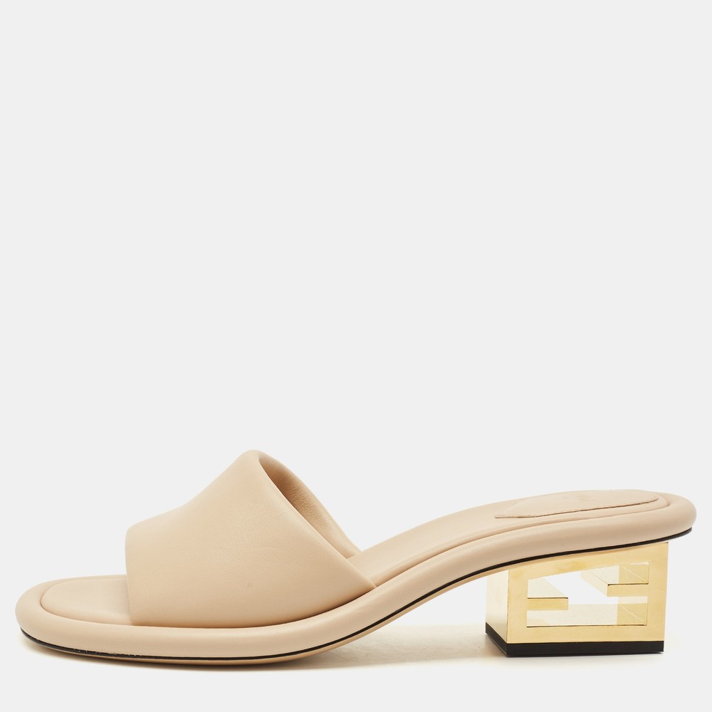 Fendi Beige Leather FF Baguette Heel Slide Sandals Size 40 EU