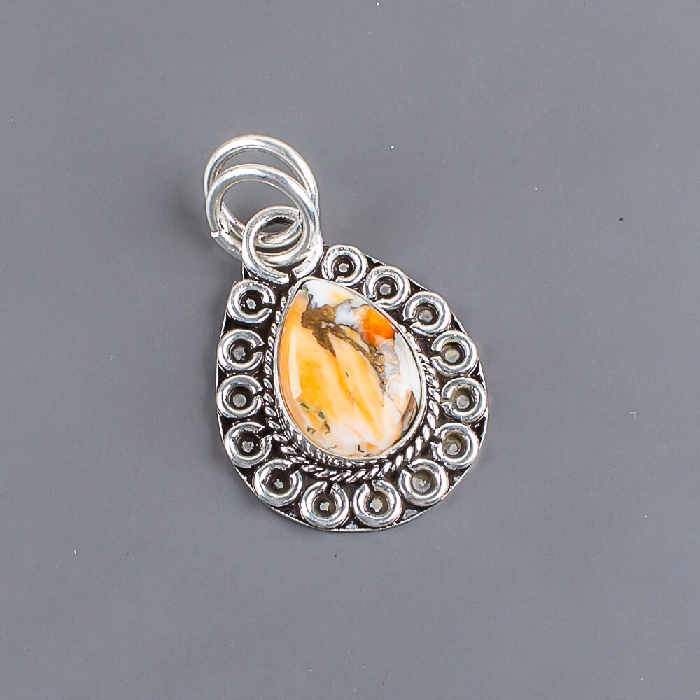 Gift For Her Natural Orange Copper Turquoise Pendant Vintage 925 Silver