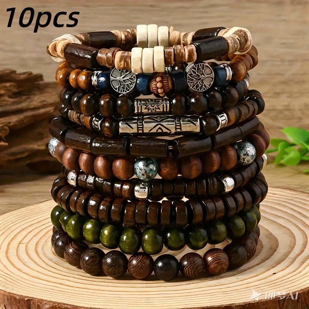 10pcs Boho Beaded Bracelets for Men with Vintage Wood Charm Tree Jewelry Gift