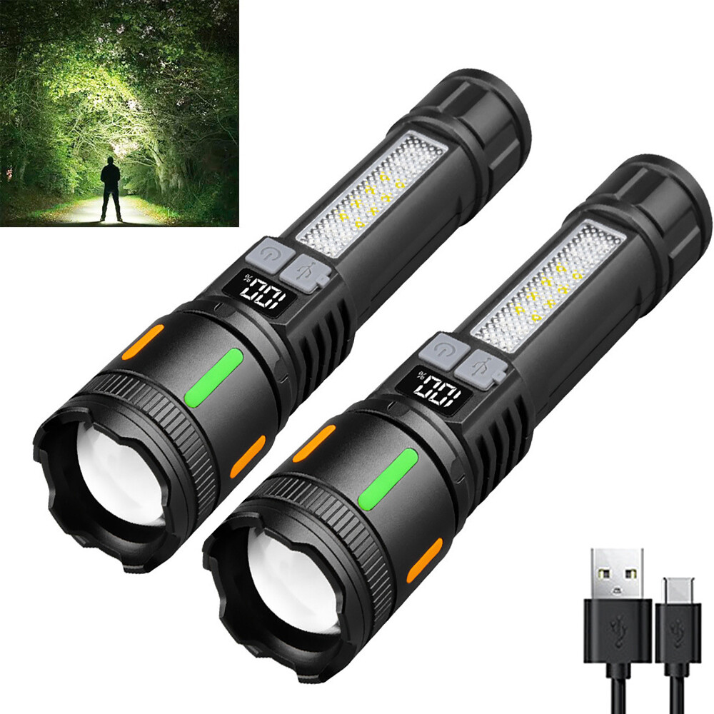 2PCS 350000 Lumens LED Torch Zoom Light Super Bright Flashlight USB Rechargeable