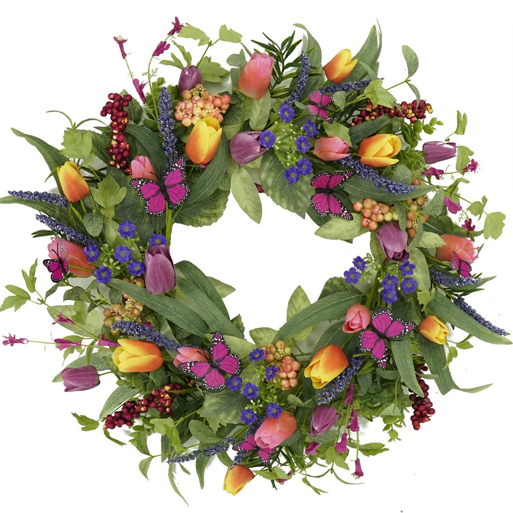 Colorful 22-Inch Spring Summer Tulip Wreath for Front Door