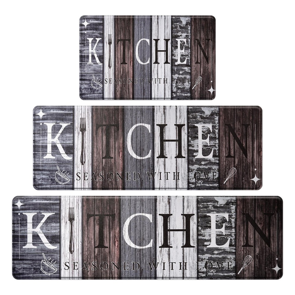 Farmhouse Kitchen Mats for Floor Set of 3, Wooden Board Theme Kitchen Rugs, K...