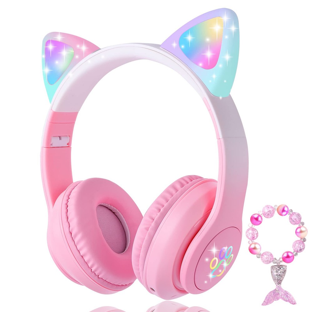 Cat Ear Headphones Bluetooth, LED Light up Wireless/Wired Mode Over Ear Headp...