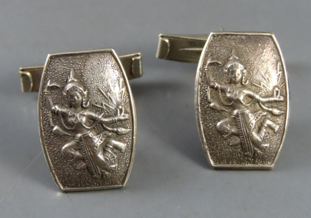 VTG Sterling Silver SIAM CUFF LINKS Temple Dancers THAI GODDESS HINDI DIETY