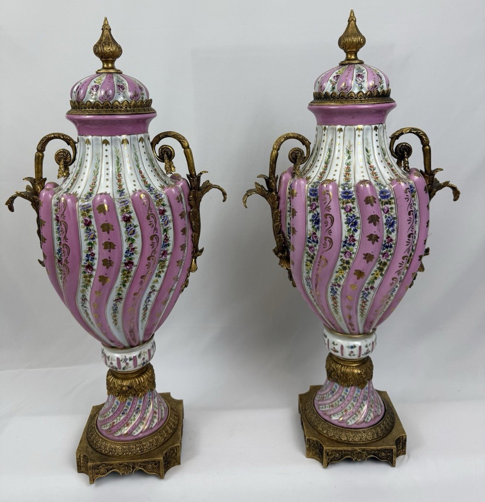 Pair French Porcelain Vases W/Lids 19 C Sevres Style Bronze-Mounted Hand Painted