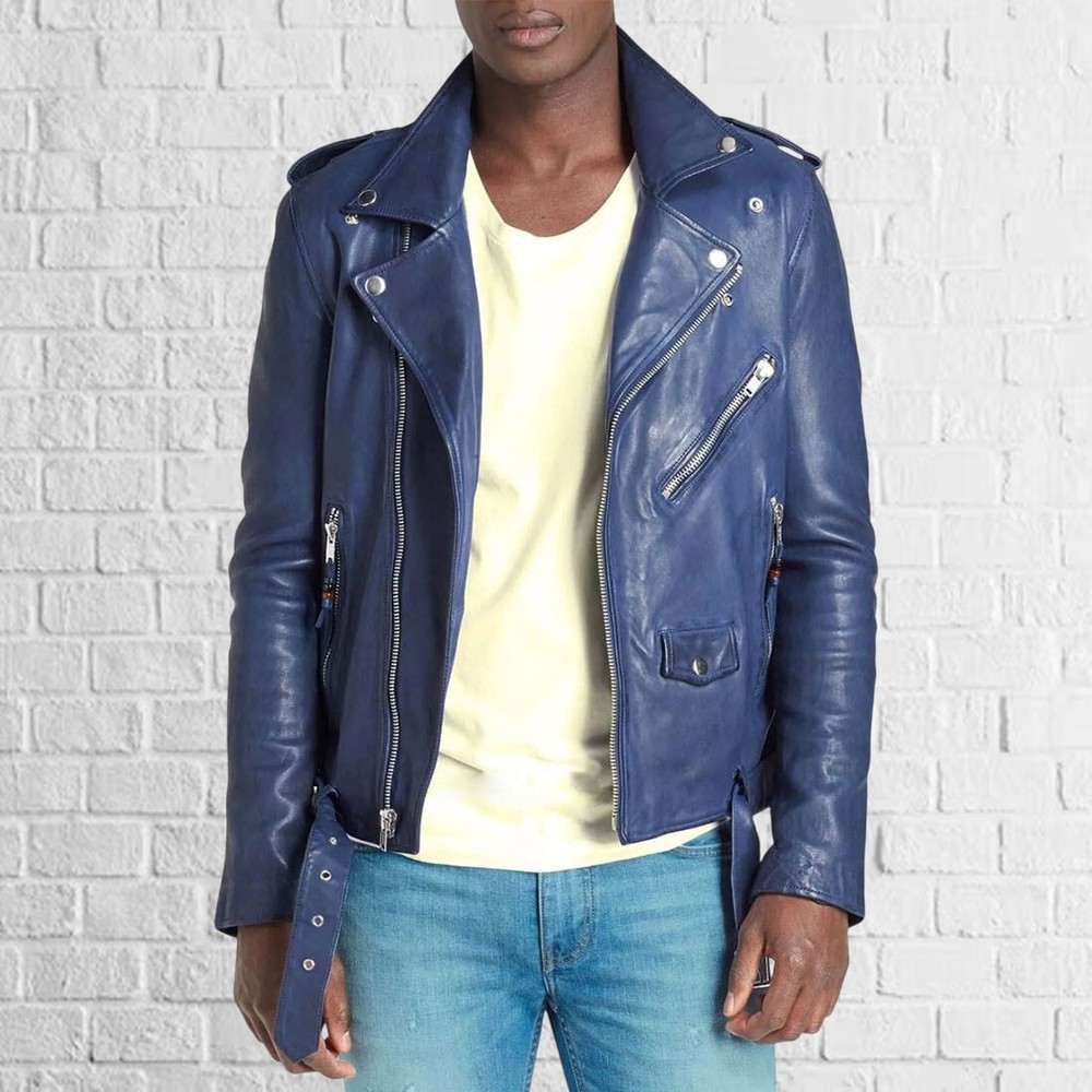 Men's Slim Fit Blue Leather Motorcycle Jacket with Collar