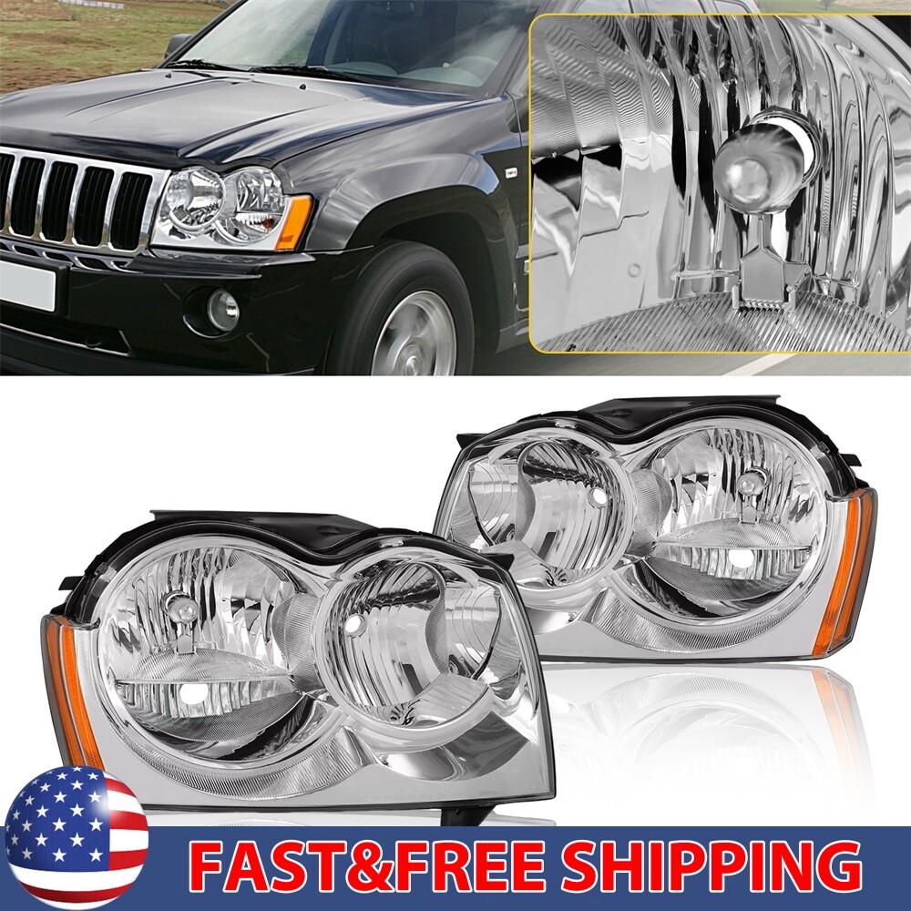 Fit For 2005-2007 Jeep Grand Cherokee Chrome Headlights Headlamps Assembly