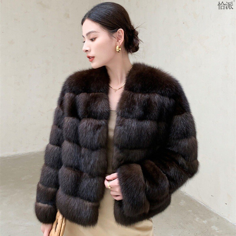 Women's Winter Short V-Neck Thickened Mink Fur Coat Jacket Outwear