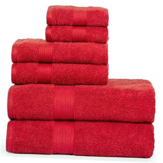 6-Piece 100% Cotton Bath Towel Set - 2 Bath Towels, 2 Hand Towels, 2 Washcloths in Red