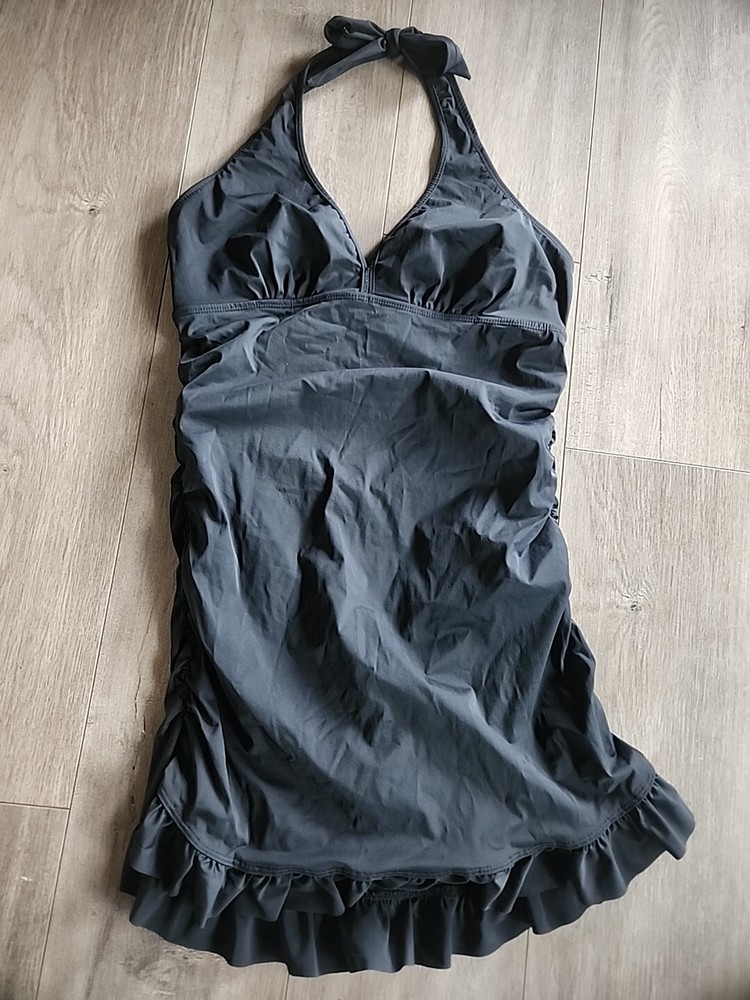 Love Your Assets Sara Blakely Spanx Halter Swim Dress Size L Black Ruffle Skirt