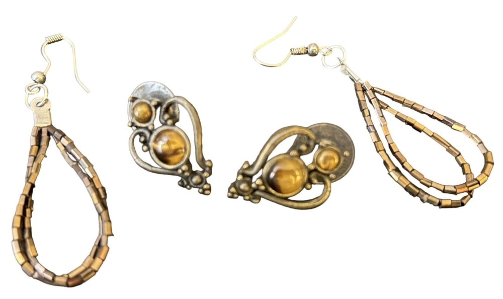 Fall Tiger's Eye Bronze Earrings & Bugle Danglers - 2 Pairs  