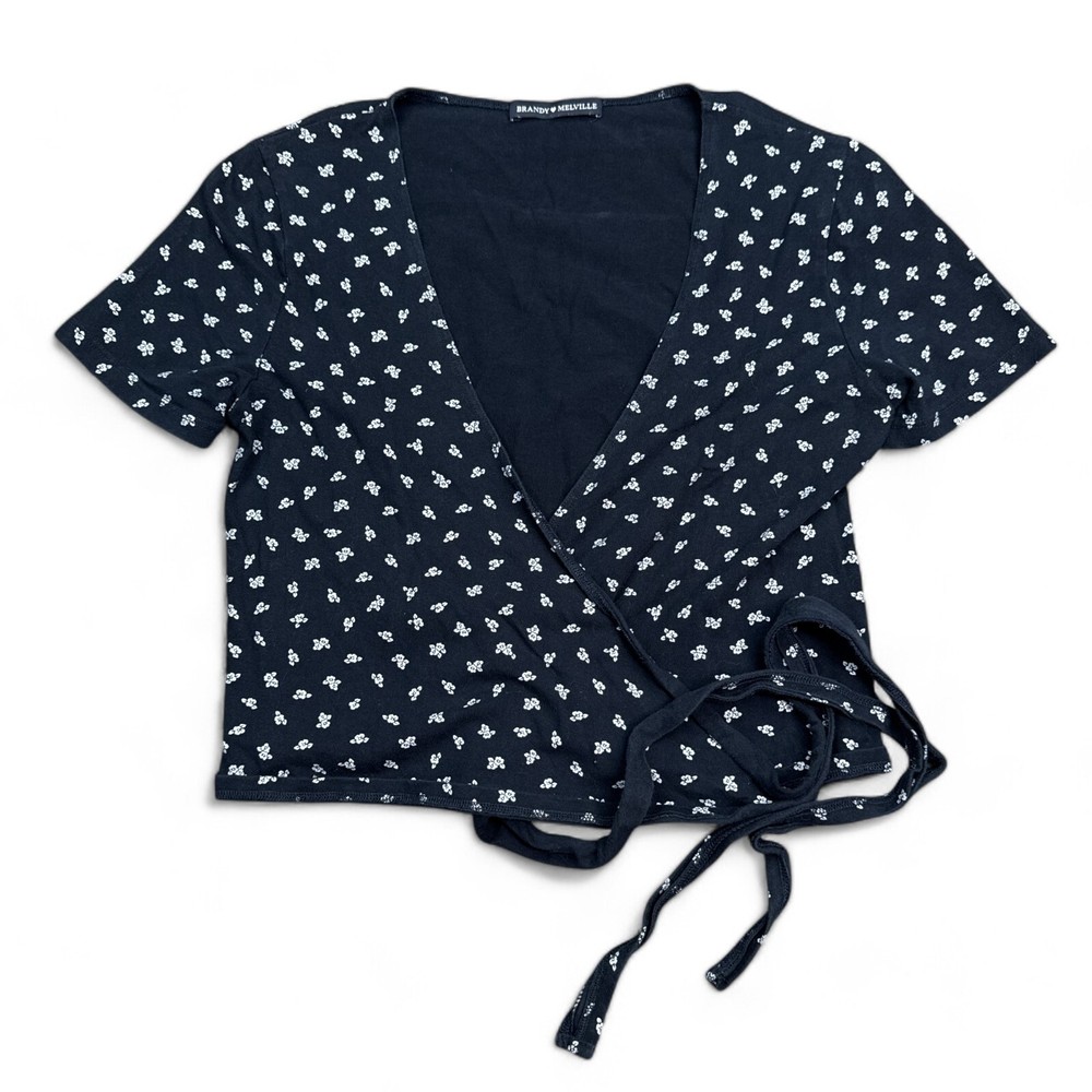Brandy Melville Blouse Top Womens Size Medium Navy Blue Floral Open Wrap