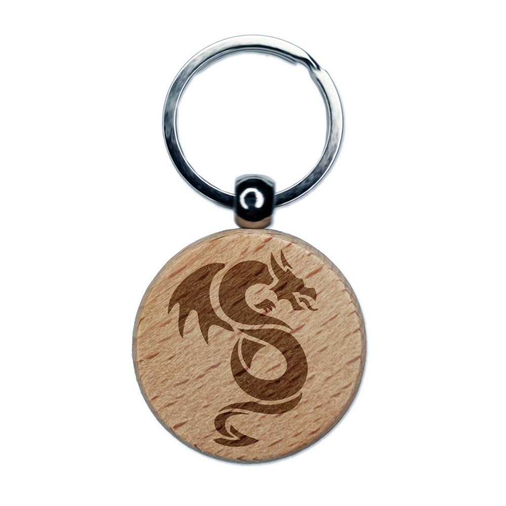 Winged Serpent Dragon Engraved Wood Round Keychain Tag Charm