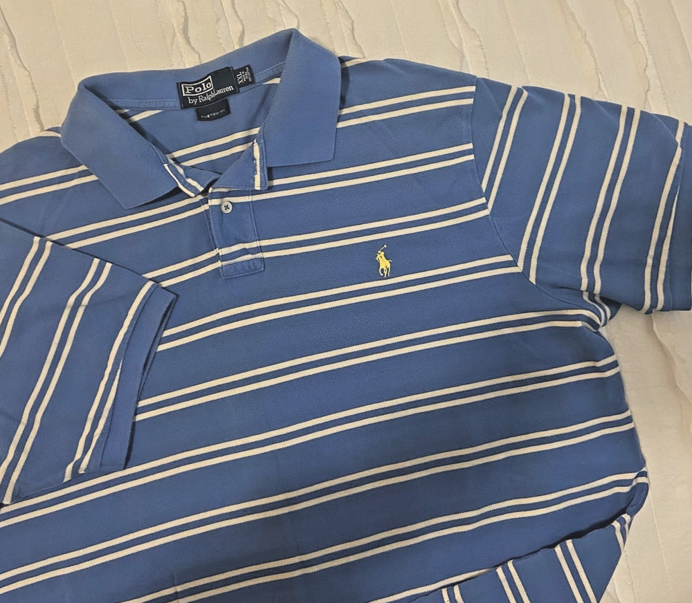 Ralph Lauren Men’s Custom Fit 90s Vintage Blue White Striped Polo Shirt Size XXL