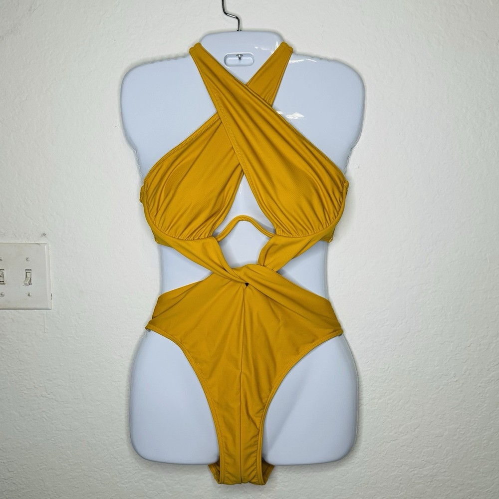 Andrea Iyamah Nayo One Piece Swimsuit yellow Halter Cut Out Spring Break