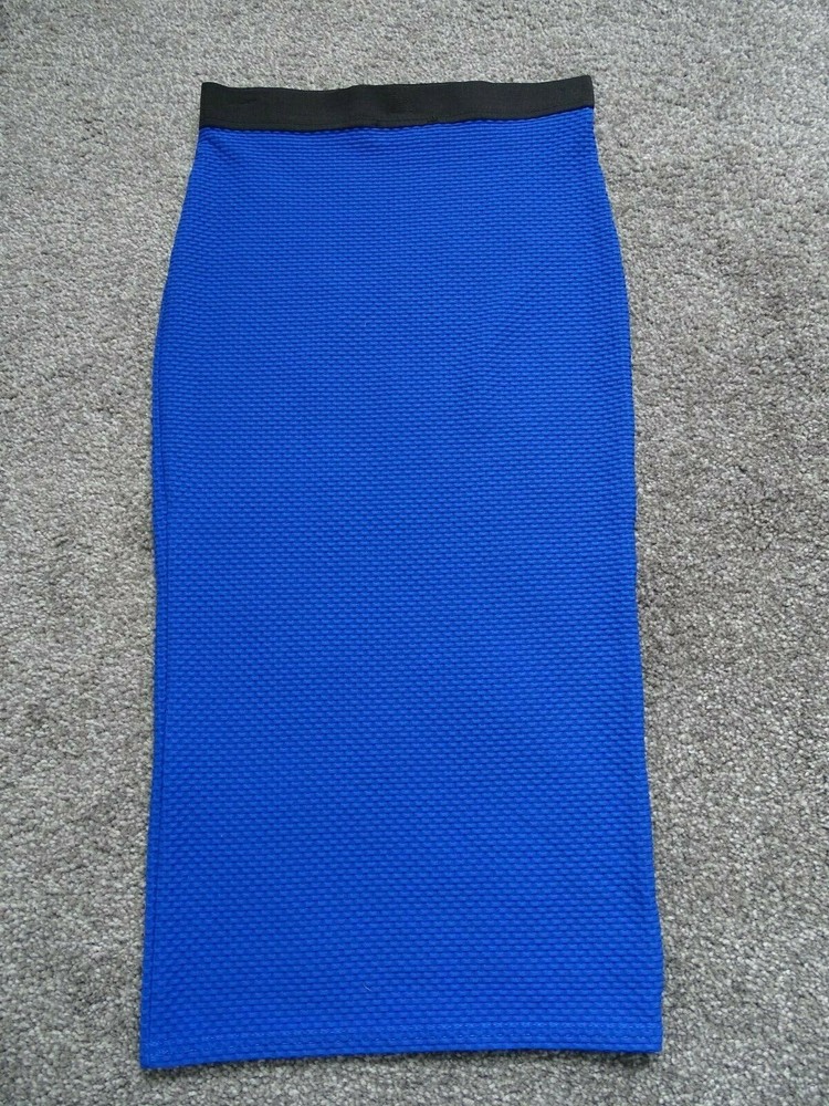 Stylish Blue Stretch Elastic Waist Midi Pencil Skirt Size 8
