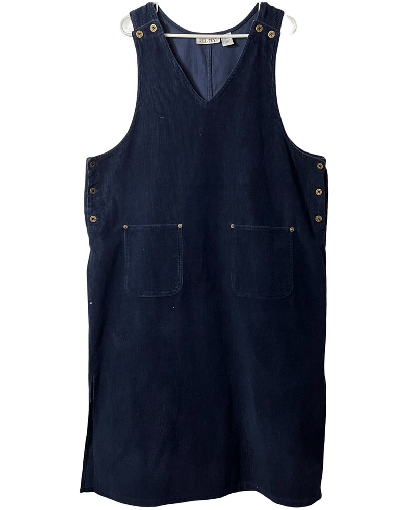 JLNY Jumper Womens Size 1X Navy Blue Corduroy Dress Pockets Sleeveless Pockets