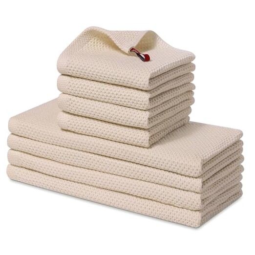 100% Cotton Kitchen Towels and Dishcloths Set, 12 x 12 Beige 8-Piece Set