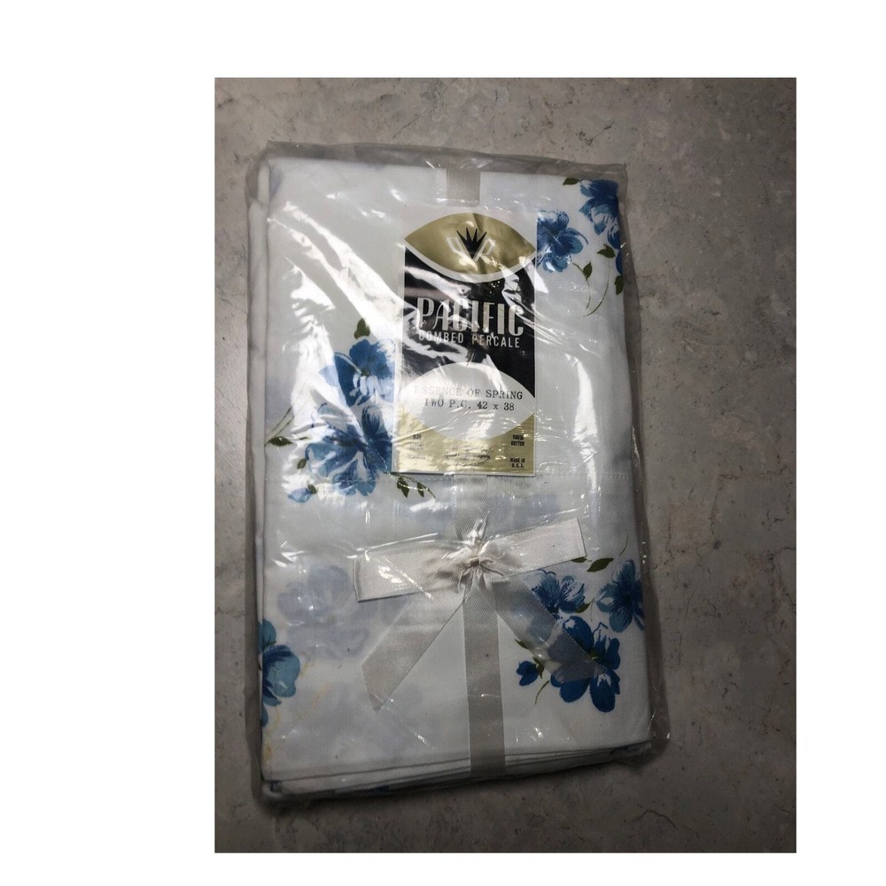 Vintage Pillow cases standard 100%cotton White Blue Flowers