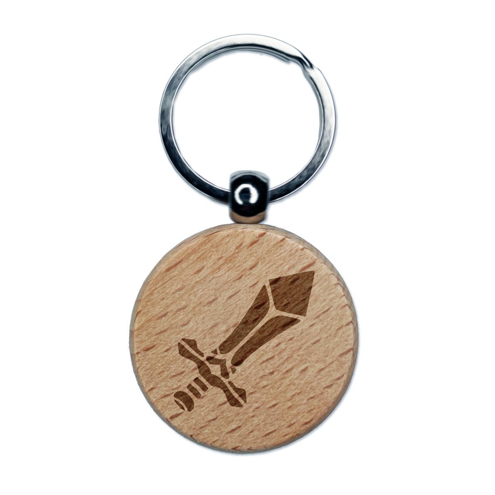 Sword Blade Fighter Fantasy Weapon Engraved Wood Round Keychain Tag Charm