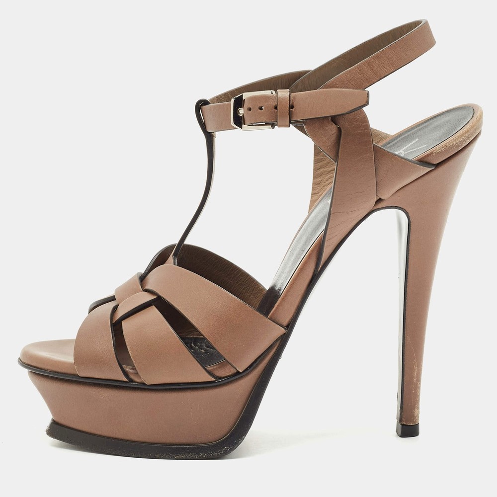 Saint Laurent Brown Leather Tribute Platform Sandals Size 36