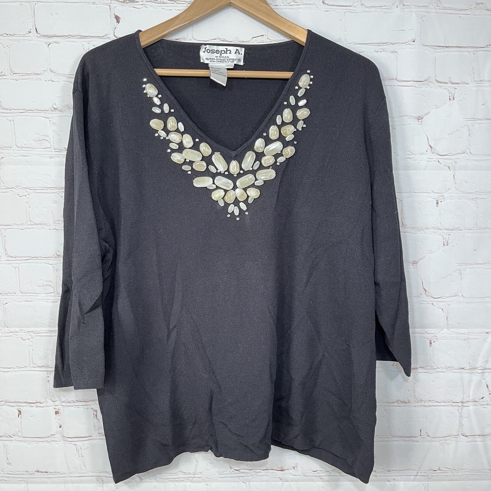 Joseph A Shirt Womens 2X Black Embellished Beaded Stones V Neck Top Blouse
