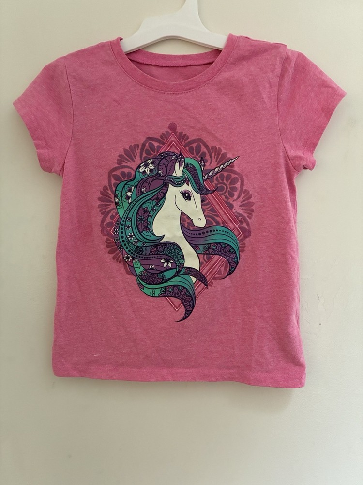 TCP Kid Girl Glitter Floral Unicorn Graphic Cotton Blend Crewneck T-Shirt Pink S
