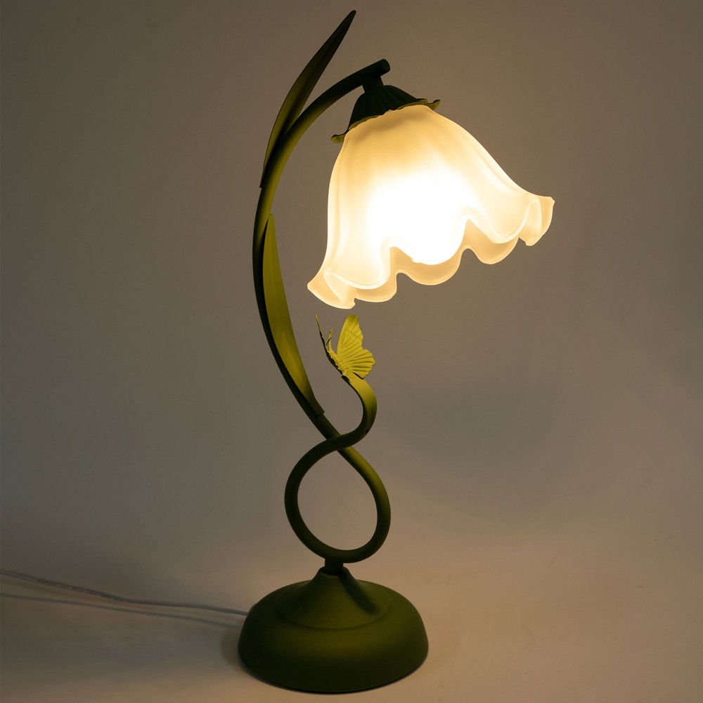 Table Lamp Flower Shape Glass Bedside Desk Light Fixture Green Reading Lamp