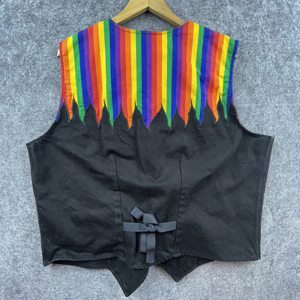 Western Denim Vest Mens Extra Large Black Rainbow Flames Cowboy Pride Festival