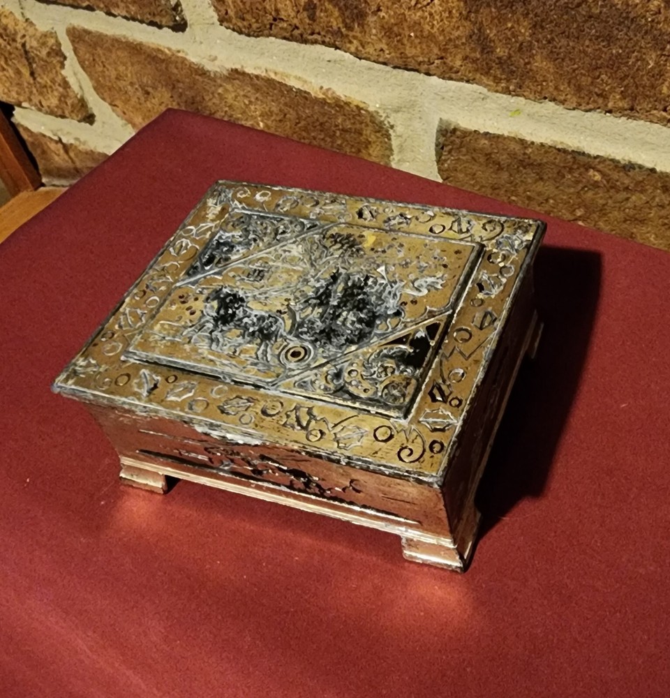 Vintage Carved Hinged Metal Jewelry Box with Decorative Details