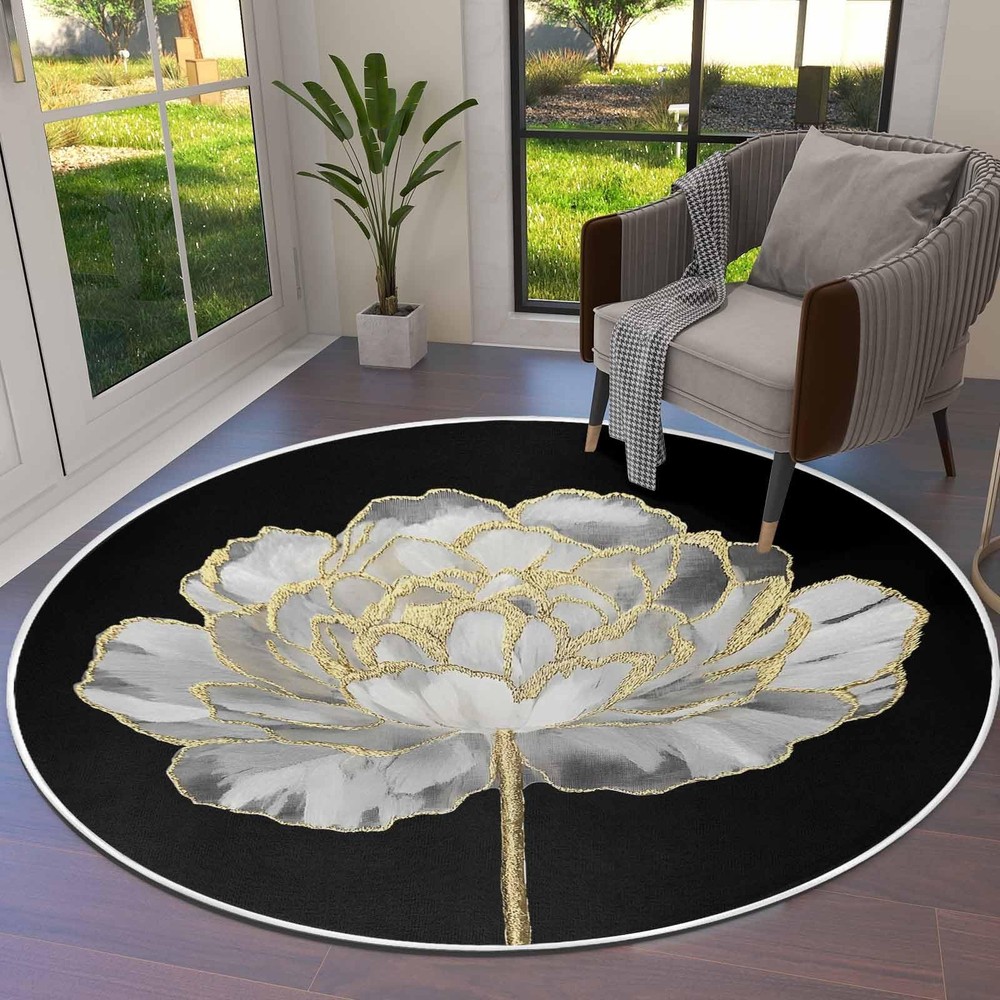 Abstract White Floral Round Washable Rug 5ft for Indoor Outdoor Use