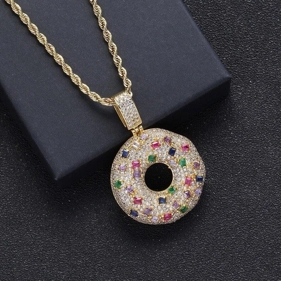 Iced-Out Gold Sprinkled Donut Pendant Necklace