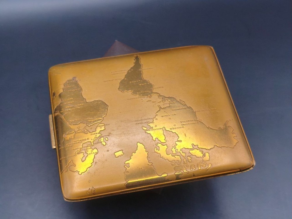 Vintage Brass Cigarette Case Map Design L.S. Mayer & Co Ltd England Gift 1941