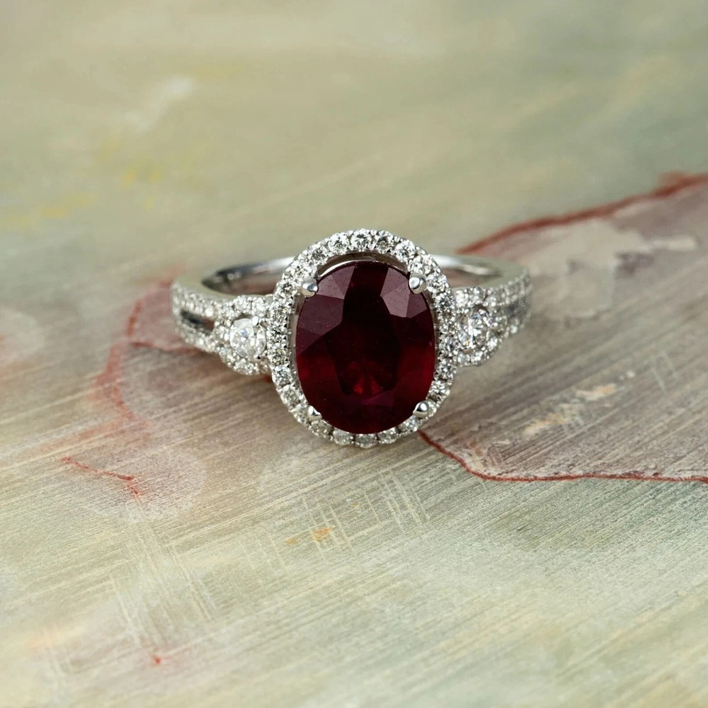 3.85 Ct Oval Cut Natural Ruby Diamond Engagement Ring 14K Solid White Gold