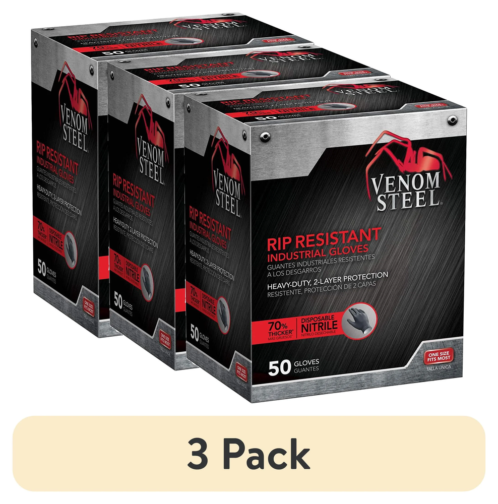 3 Pack Premium Black Nitrile Gloves, Industrial Grade, One Size Fits Most, 50 Count