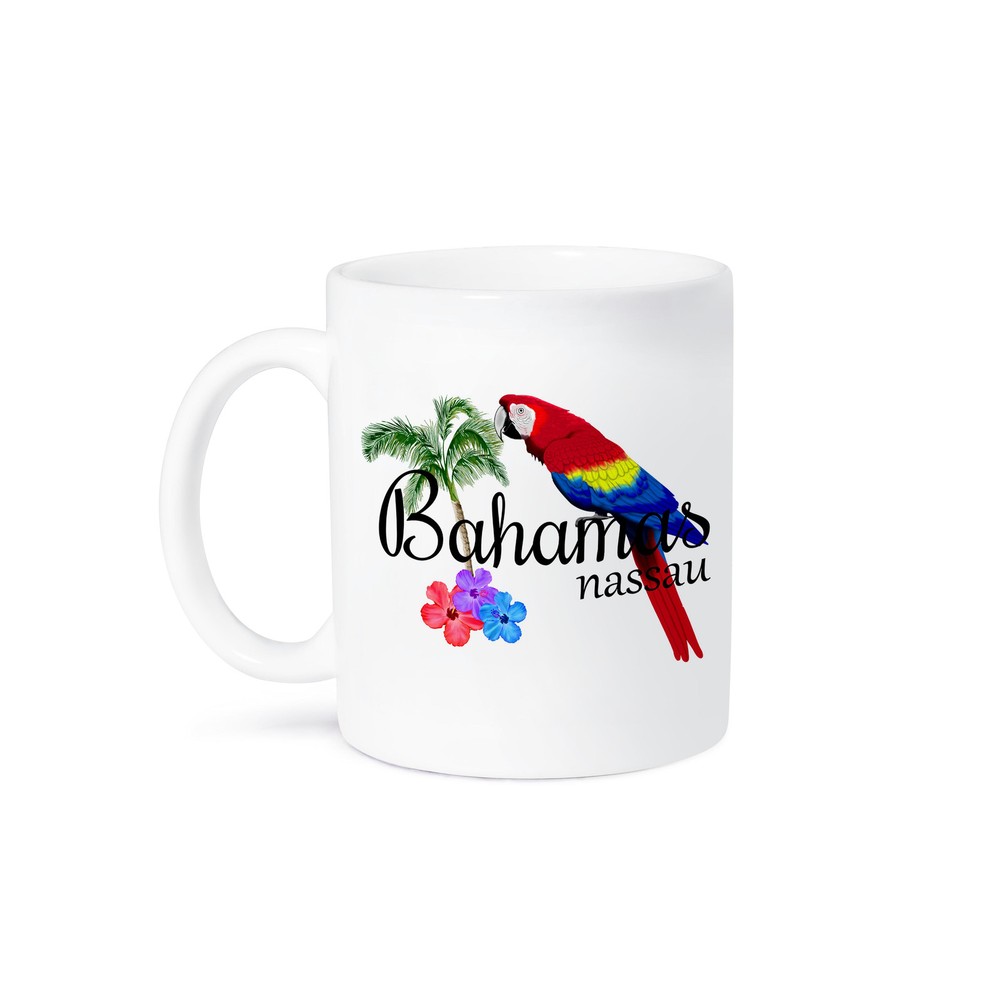 Colorful Bahamas Nassau souvenir mug with tropical parrot and flowers
