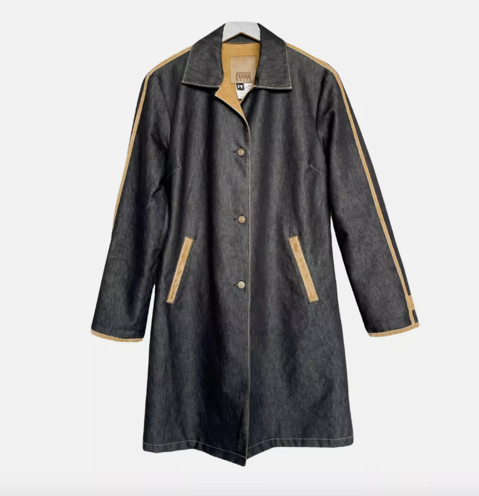 Gianfranco Ferré Denim Coat M – 90s Italian Designer Blue Suede Trim Jacket