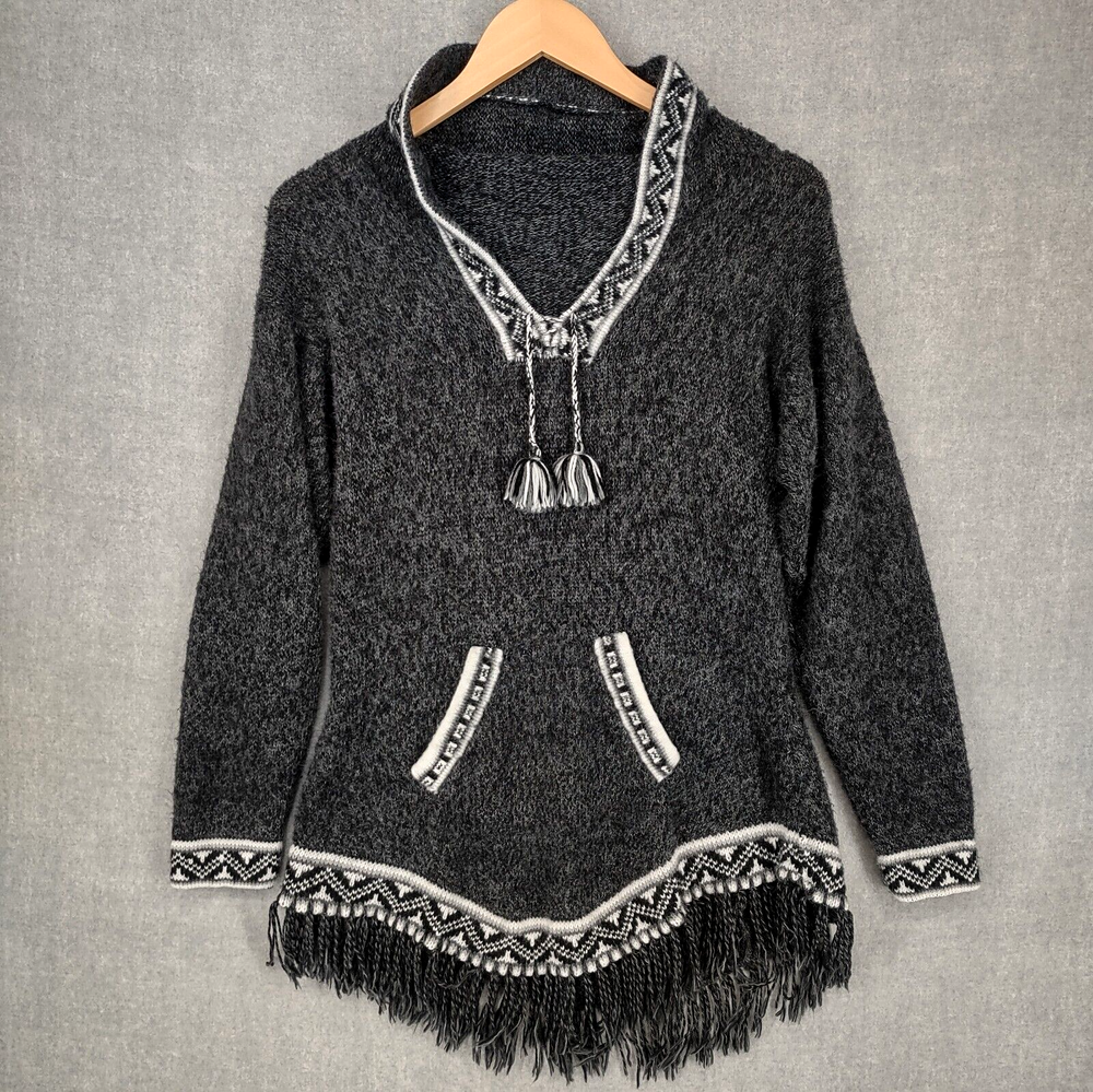 Womens Boho Alpaca Sweater Small Soft Gray Hooded Pullover Fringe Tunic Peruvian