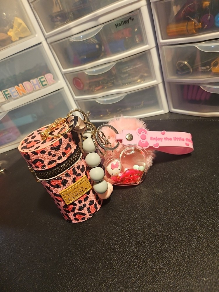 Mini Hello Kitty Pink Leopard Print Lipstick Bag Keychain Accessory
