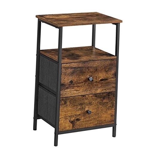 Nightstand, 24-Inch Tall Side 1 Pack with Double Drawers Rustic Brown + Black