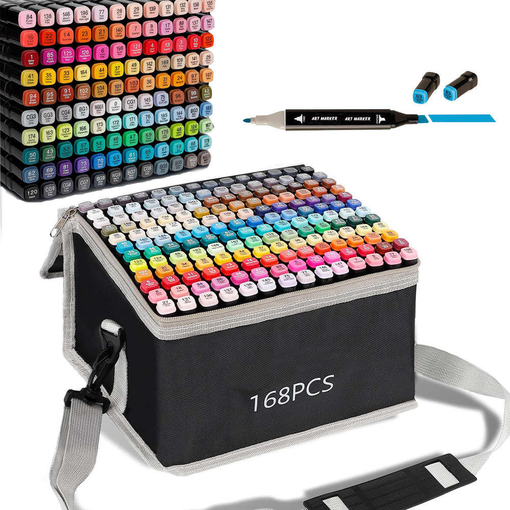168-Color Dual-Tip Alcohol Markers Set for Artists & Kids - Vibrant Coloring Supplies