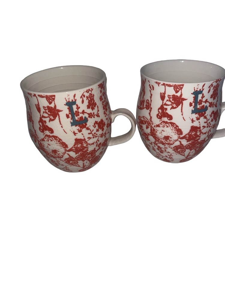 2 ANTHROPOLOGIE Monogram L Initial Red Floral Homegrown Tea Coffee Cup Mug