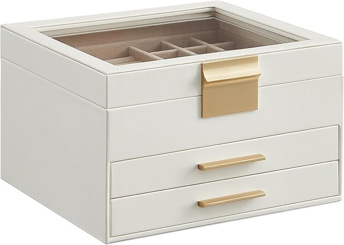 Jewelry Box with Glass Lid, 3-Layer Jewelry Organizer, 2 Drawers