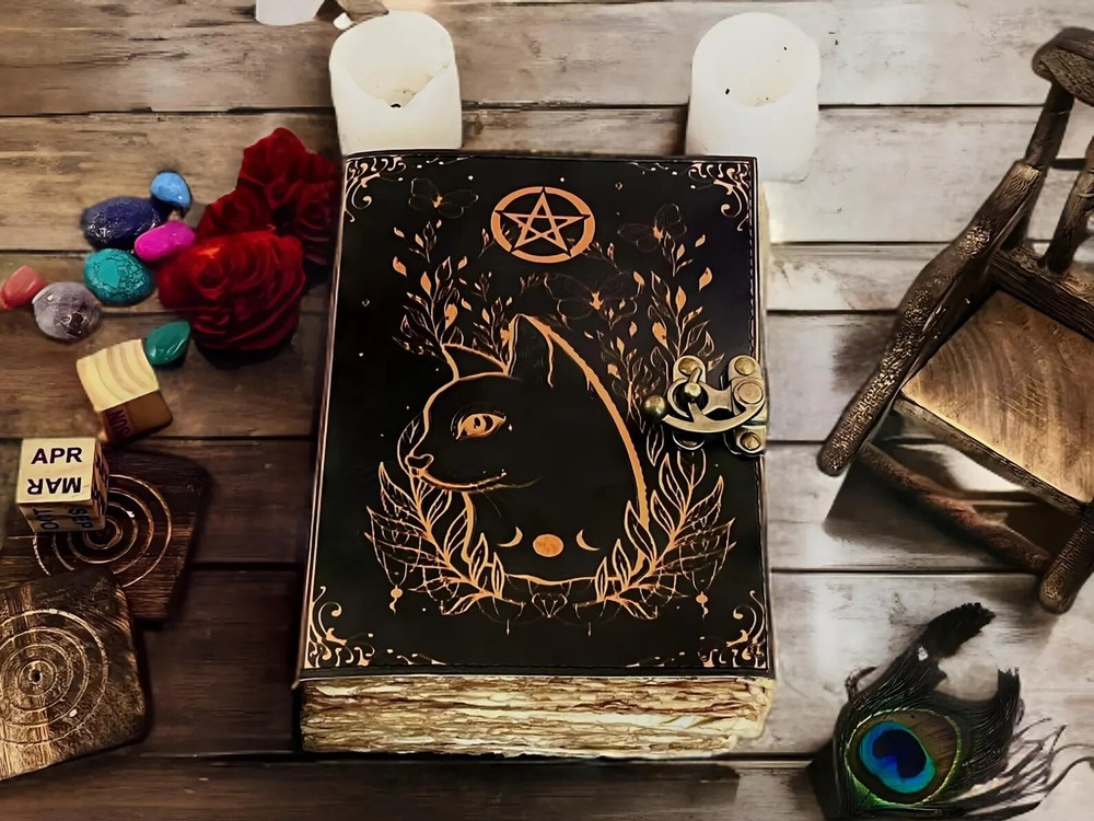 Celtic Cat Leather Spell Journal Blank Grimoire for Gift