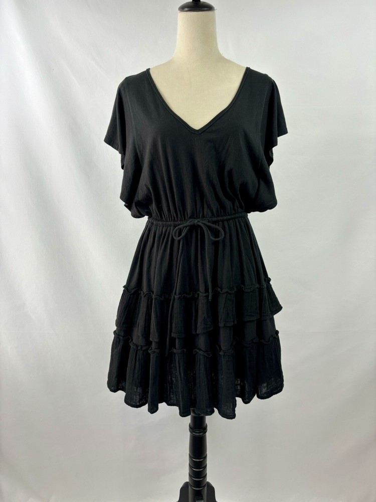 Daily Practice Anthropologie Dress Black Small New Tiered Ruffled Flutter Sleeve