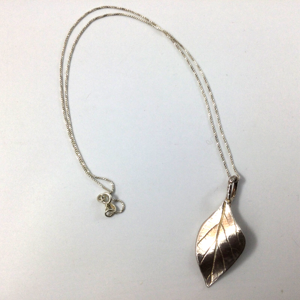 Handmade Fine Silver Leaf Pendant Sterling Silver 18