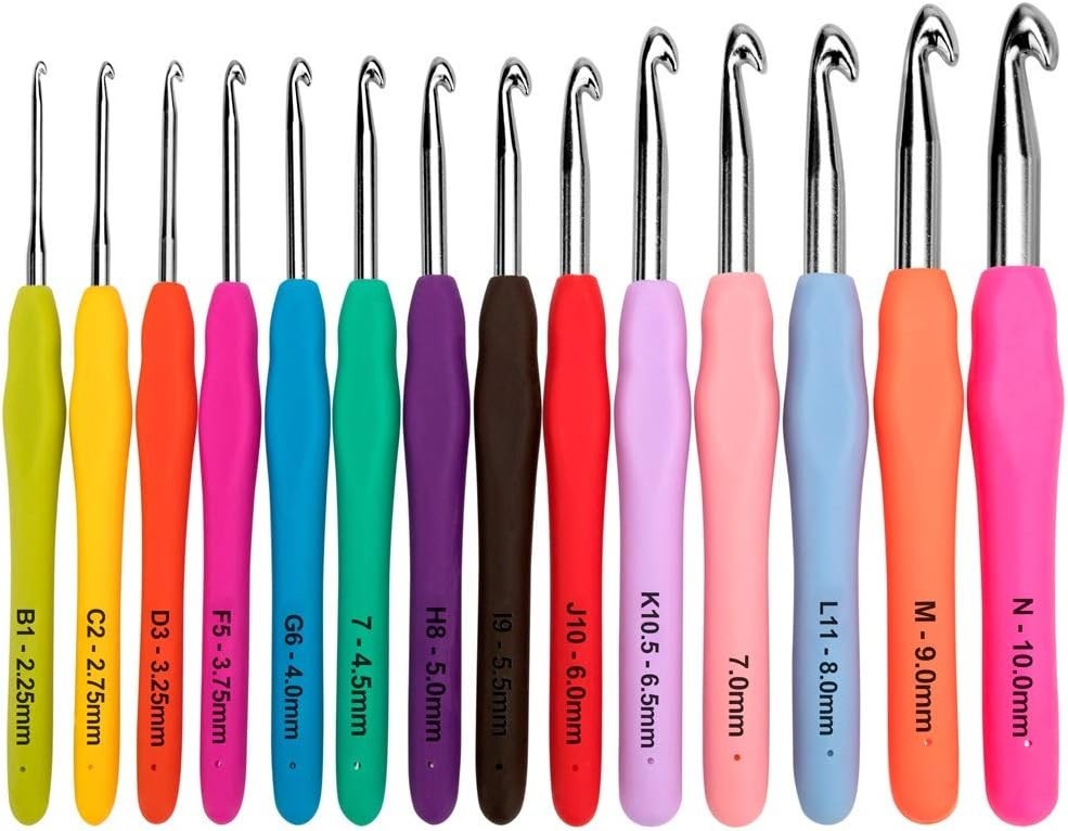 BCMRUN 14-Piece Crochet Hook Set with Ergonomic Soft Grips, Sizes 2.25mm-10mm