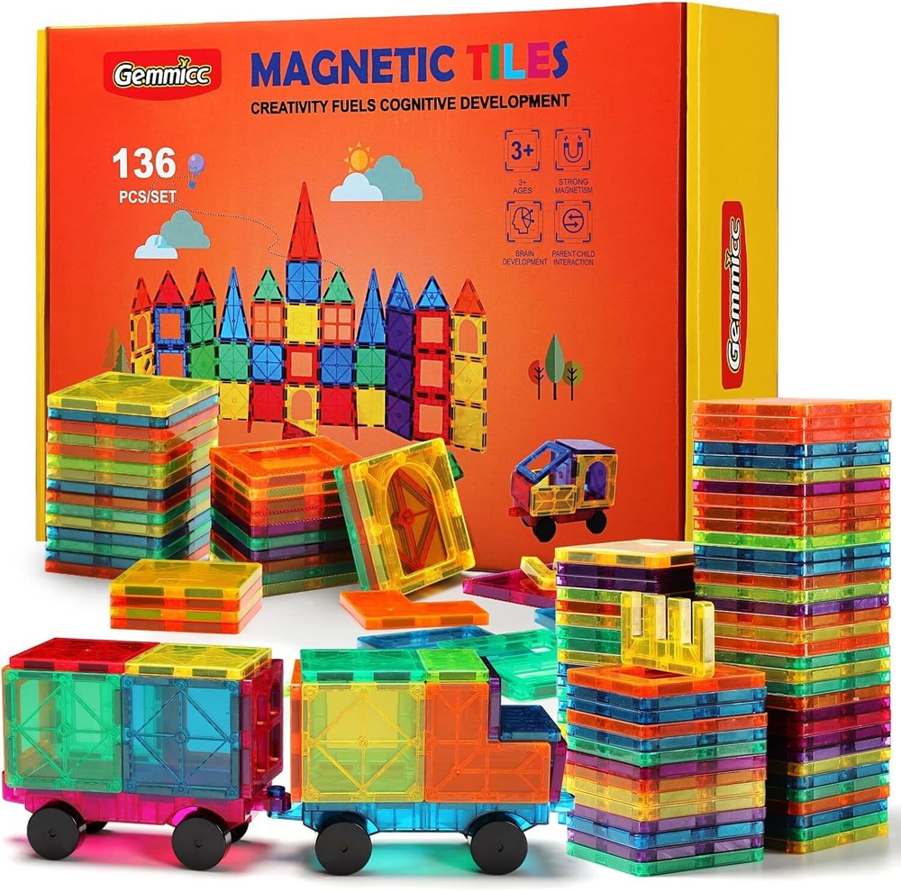 Magnetic Tiles  Deluxe 136 PCS Building Blocks Magnet Toys for Kids 3D Mag