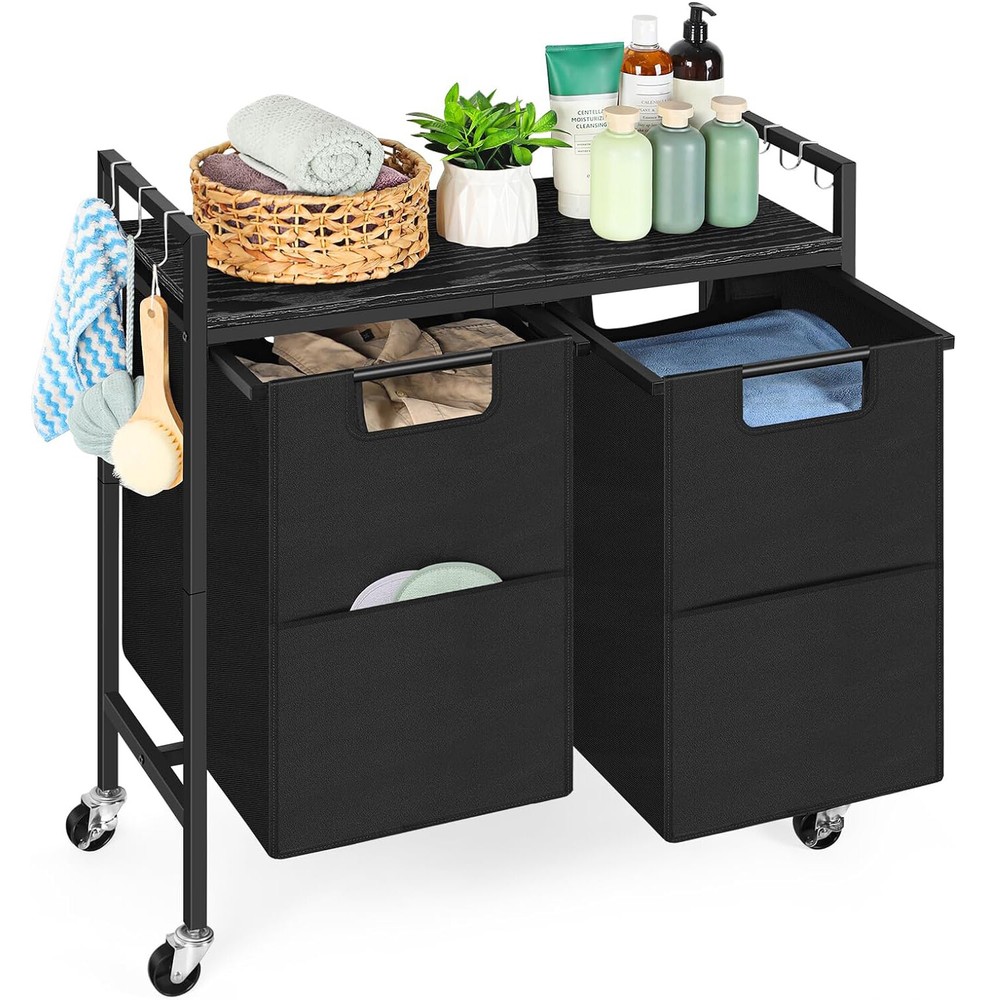 Laundry Hamper w/Wheels, Laundry Basket Organizer w/Removable Laundry Bags Hooks